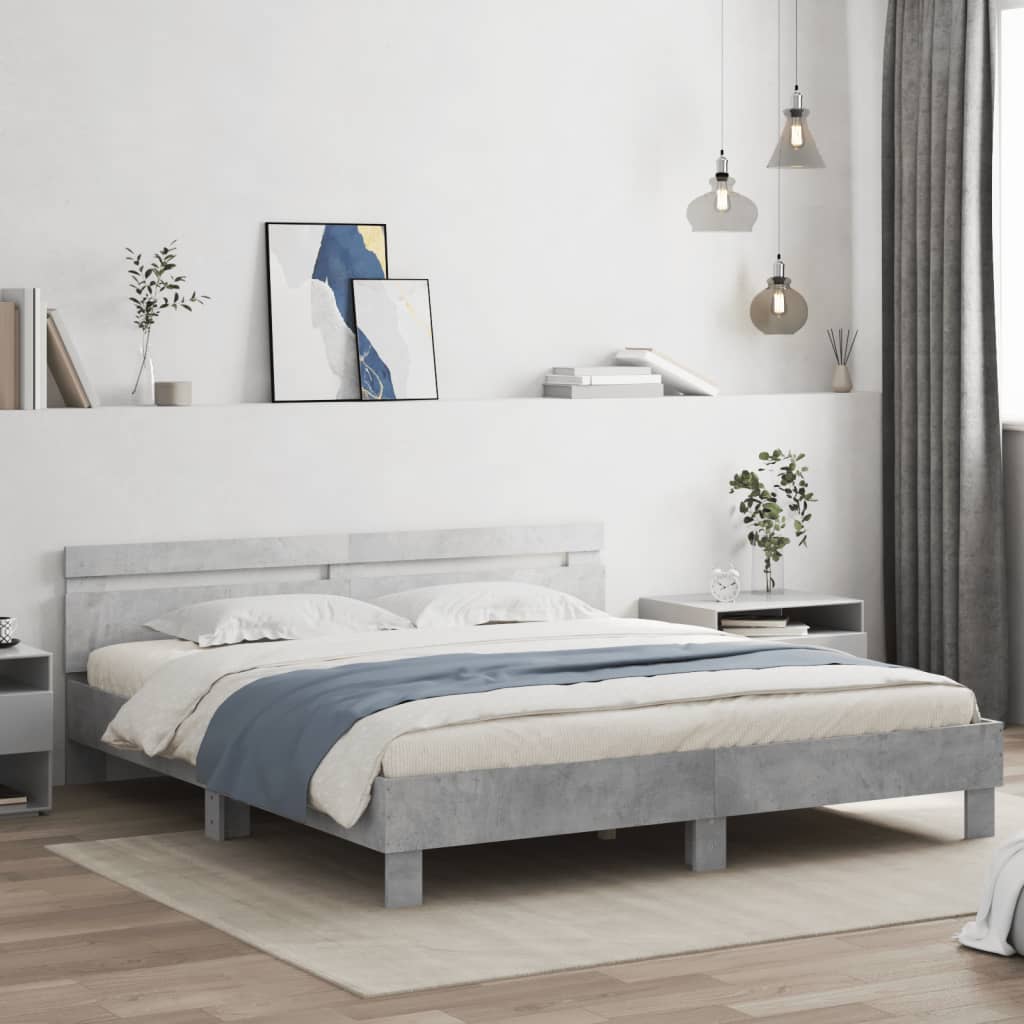 Sängram med huvudgavel betonggrå 200x200 cm konstruerat trä
