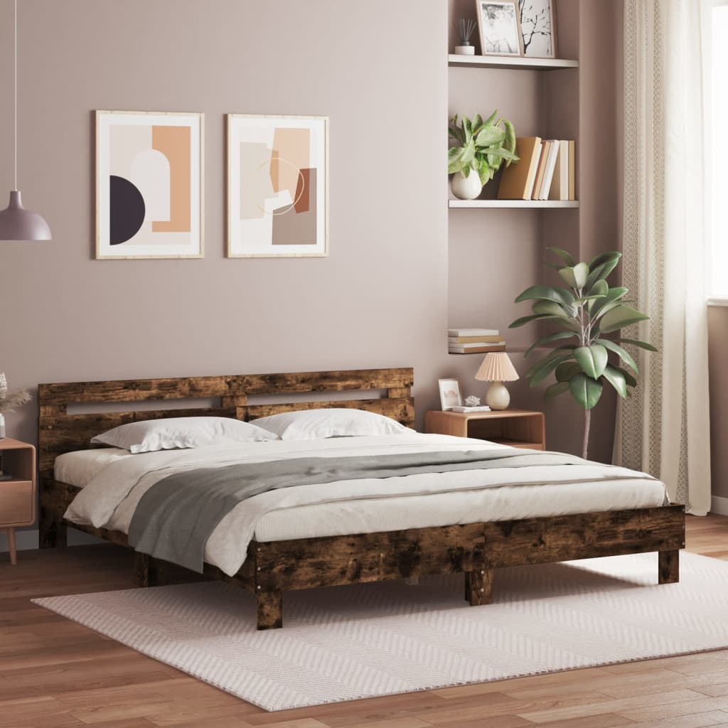 Sängram med huvudgavel rökfärgad ek 200x200 cm konstruerat trä