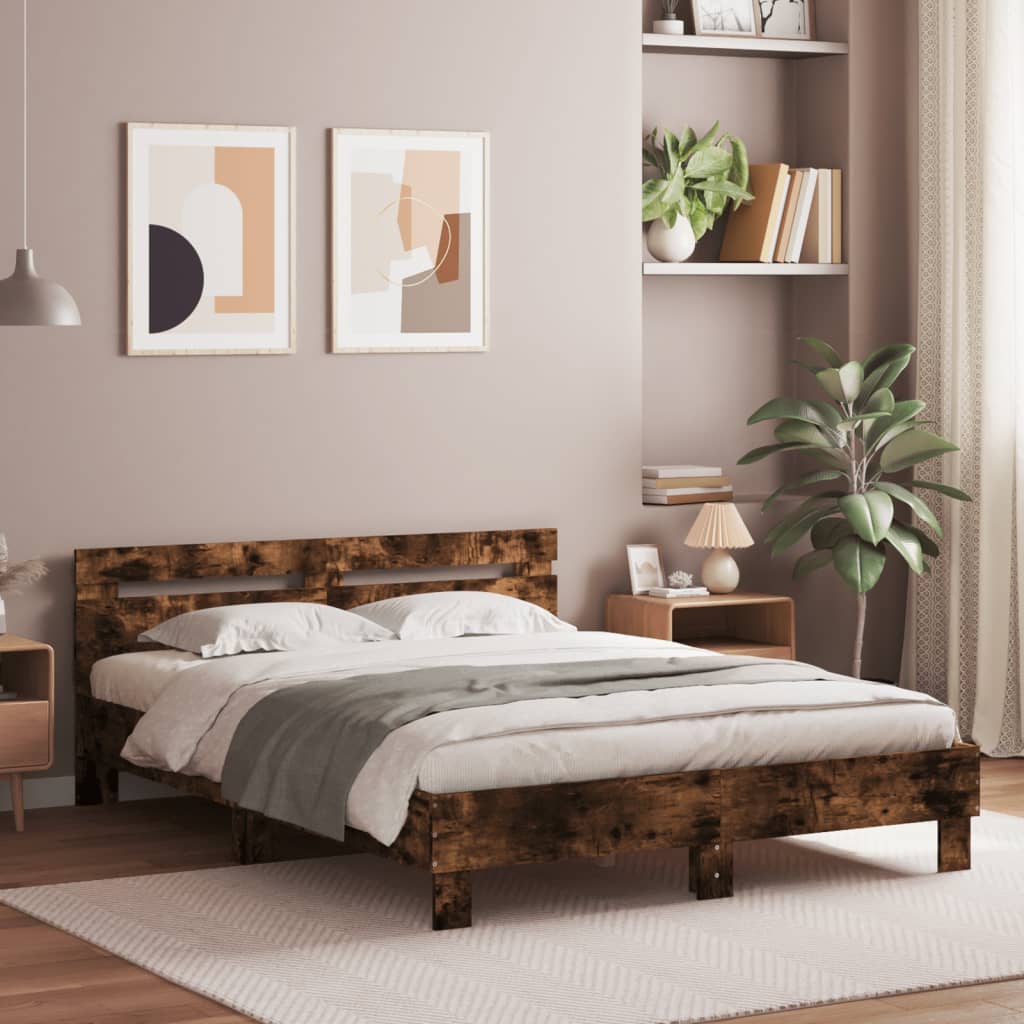 Sängram med huvudgavel rökfärgad ek 150x200 cm konstruerat trä