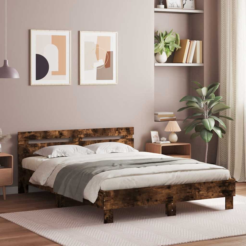 Sängram med huvudgavel rökfärgad ek 140x200 cm konstruerat trä