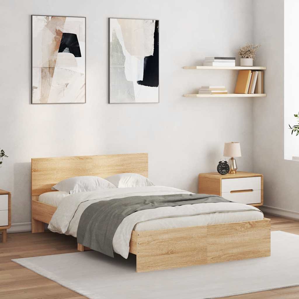 Sängram med huvudgavel och LED sonoma-ek 135x190 cm