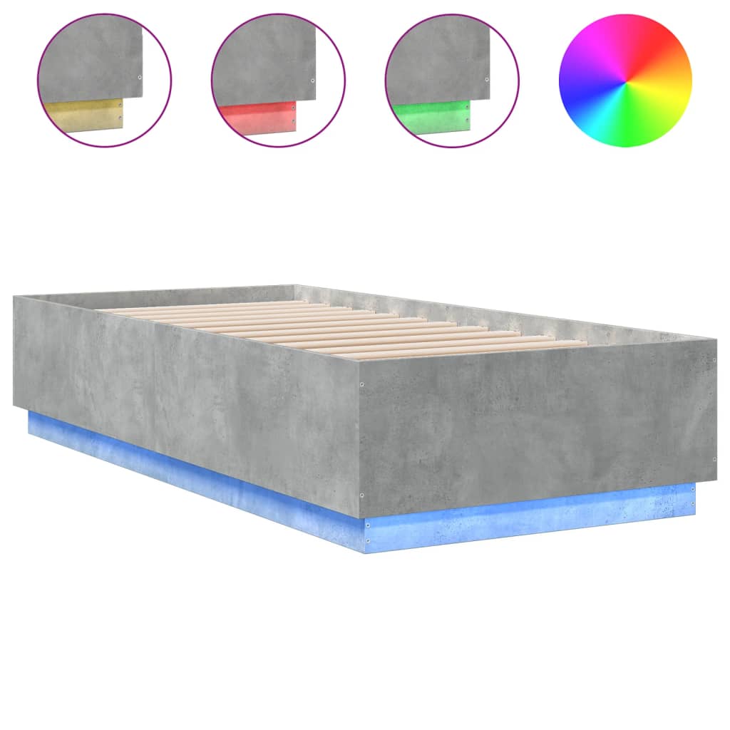 Sängram med LEDs betonggrå 100x200 cm konstruerad trä