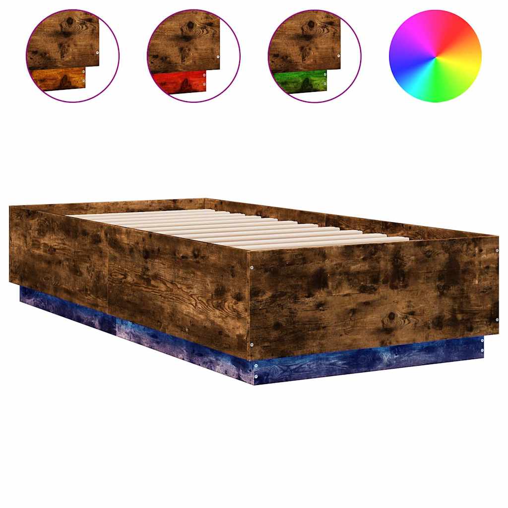 Sängram med LEDs rökfärgad ek 100x200 cm konstruerad trä