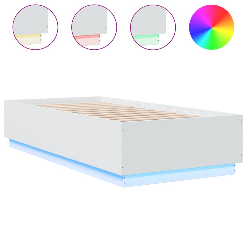 Sängram med LEDs vit 90x200 cm konstruerat trä