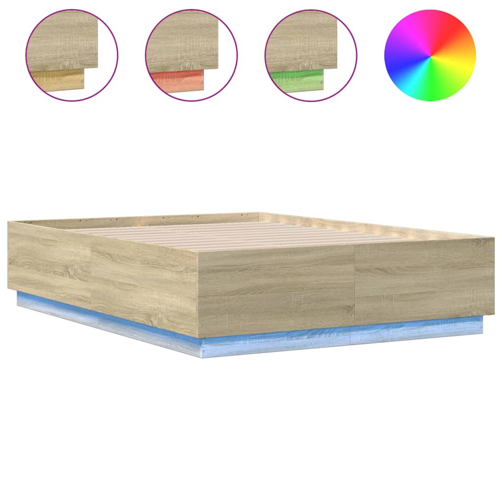 Sängram med LEDs sonoma-ek 135x190 cm konstruerat trä