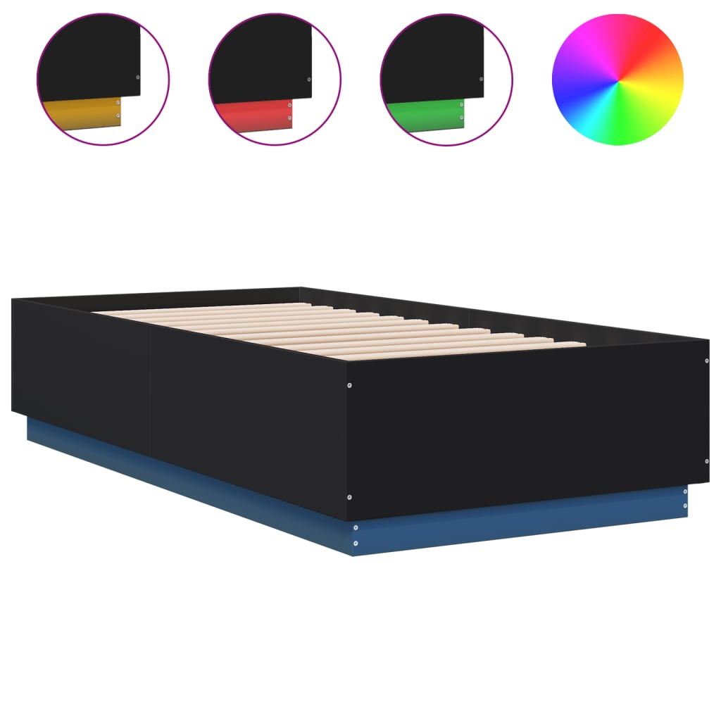 Sängram med LEDs svart 90x190 cm konstruerat trä