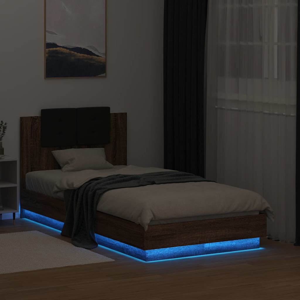 Sängram med huvudgavel och LEDs brun ek 75x190 cm