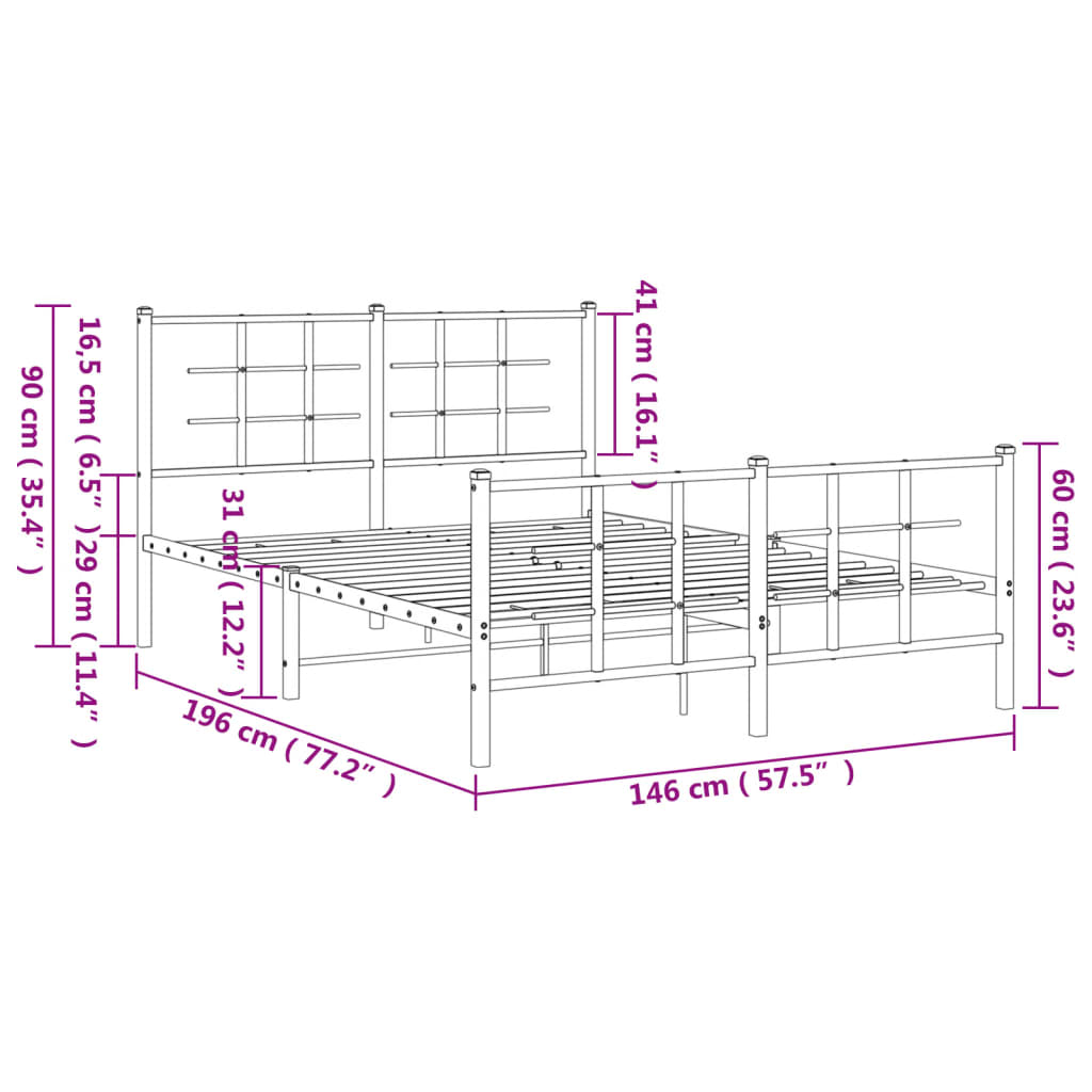 Sängram med huvudgavel och fotgavel svart metall 140x190 cm
