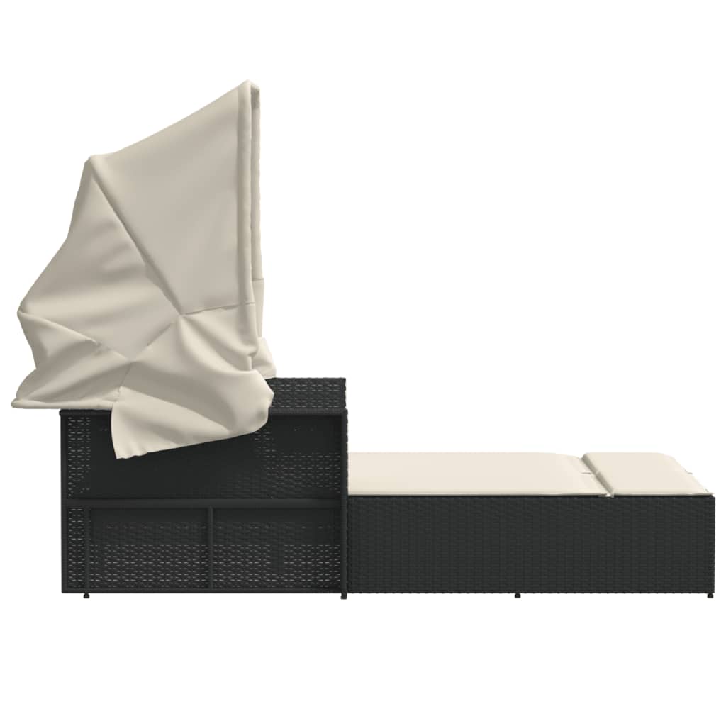 Dubbel solsäng med tak och dynor svart konstrotting