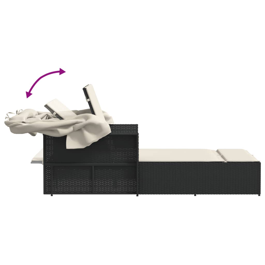 Dubbel solsäng med tak och dynor svart konstrotting