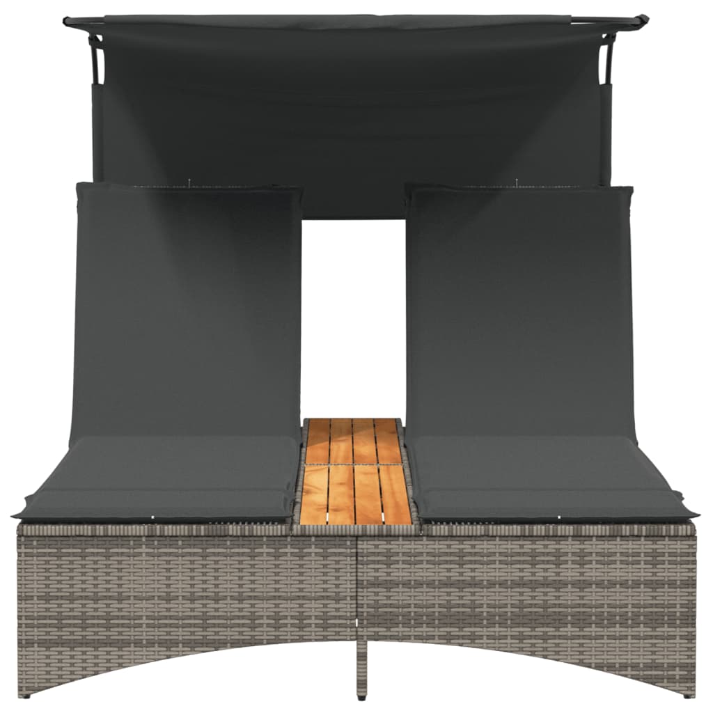 Dubbel solsäng med tak och dynor grå konstrotting