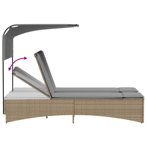 Dubbel solsäng med tak och dynor mixbeige konstrotting