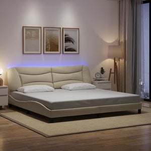 Bed Frame with LED without Mattress "Hvar" Cream 200x200 cm Fabric