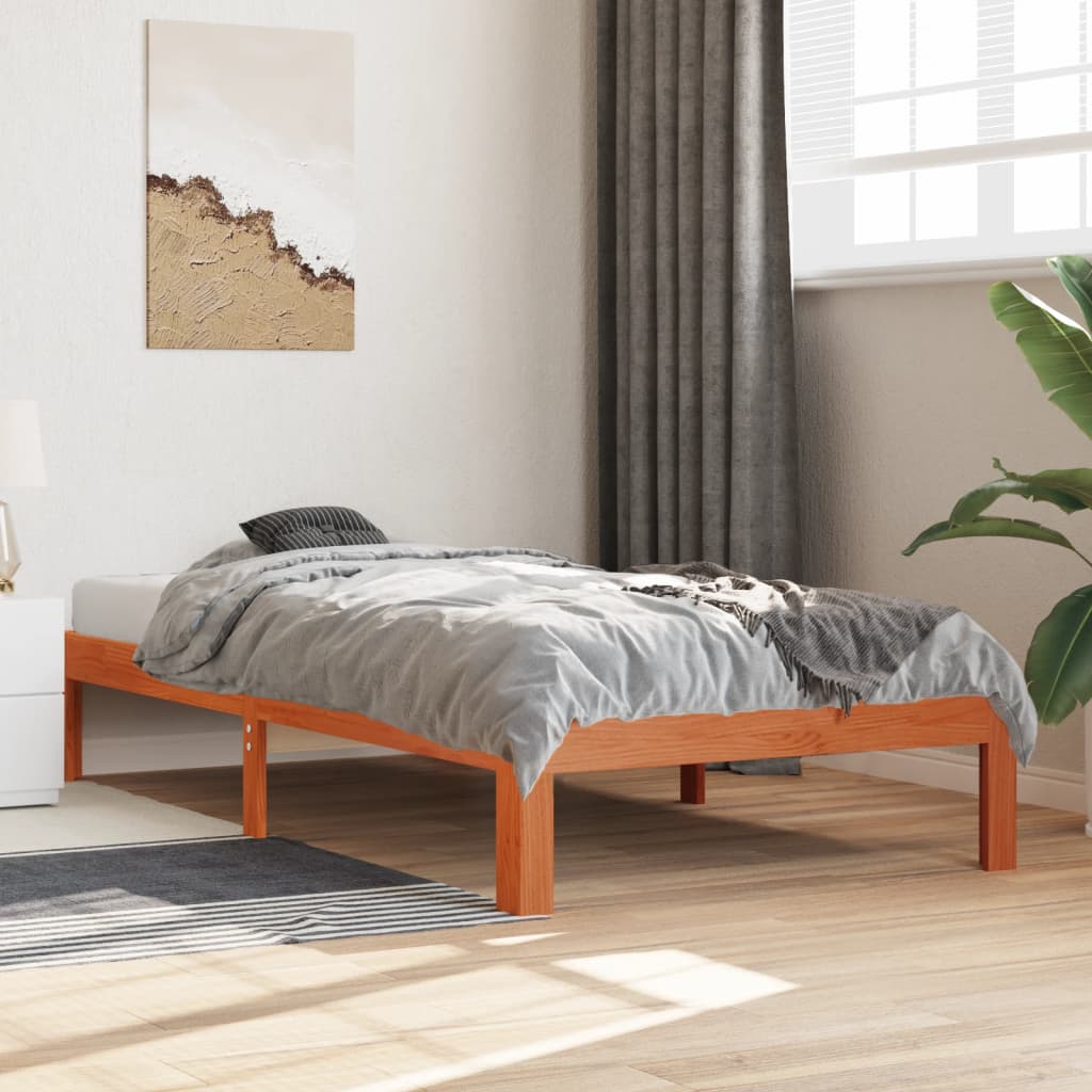 Sängram utan madrass vaxbrun 75x190 cm massiv furu