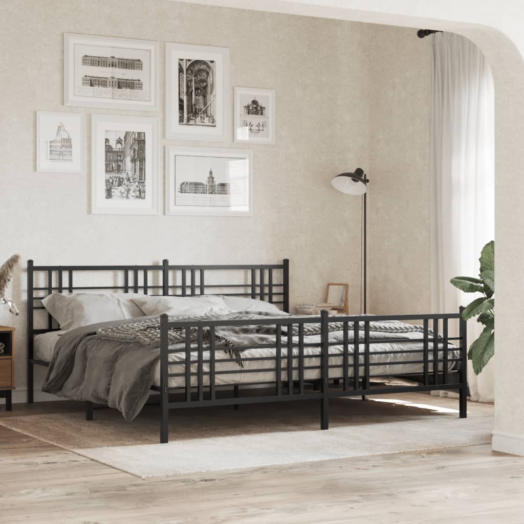 Sängram med huvudgavel och fotgavel svart metall 193x203 cm