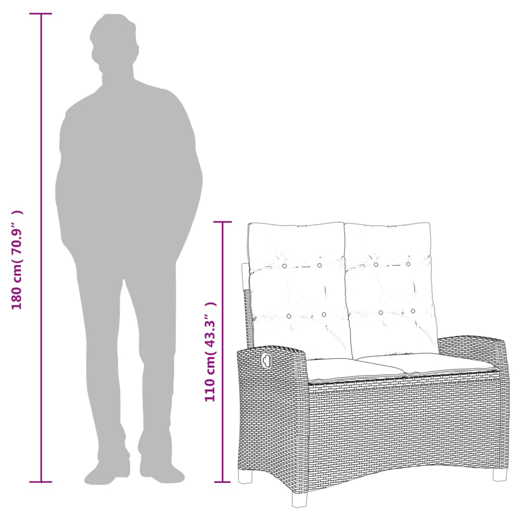 Justerbar trädgårdsbänk med dynor grå konstrotting