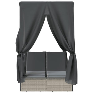 Dubbel solsäng med tak och dynor ljusgrå konstrotting