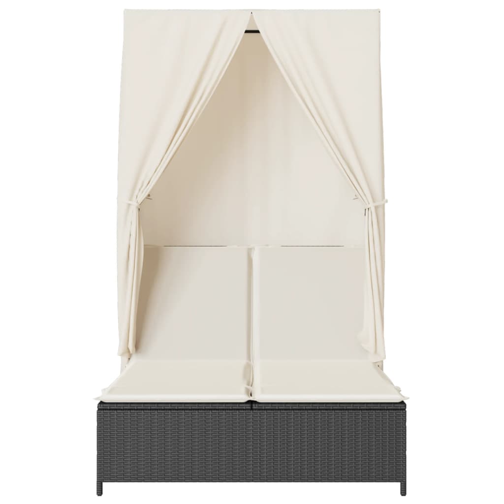 Dubbel solsäng med tak och dynor svart konstrotting