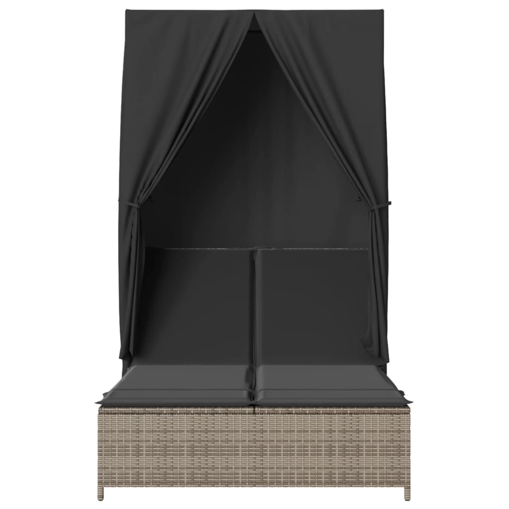 Dubbel solsäng med tak och dynor grå konstrotting