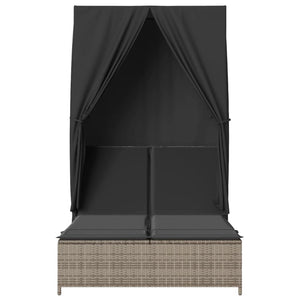 Dubbel solsäng med tak och dynor grå konstrotting