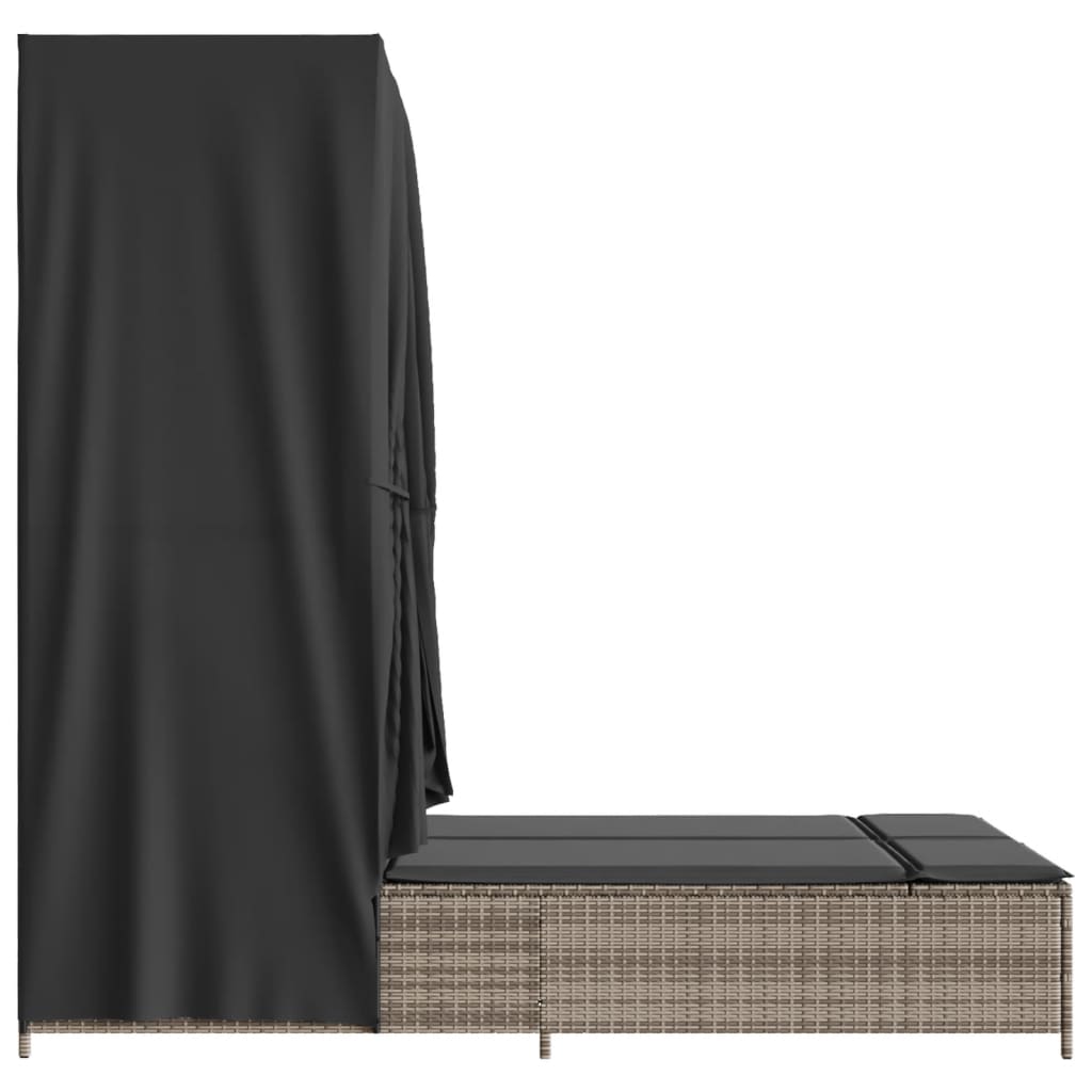 Dubbel solsäng med tak och dynor grå konstrotting