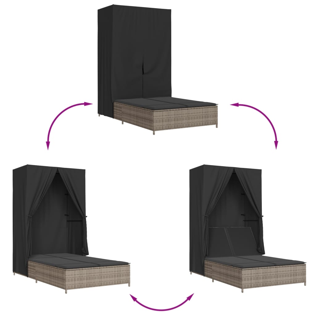 Dubbel solsäng med tak och dynor grå konstrotting