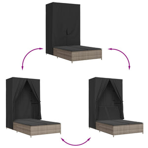 Dubbel solsäng med tak och dynor grå konstrotting
