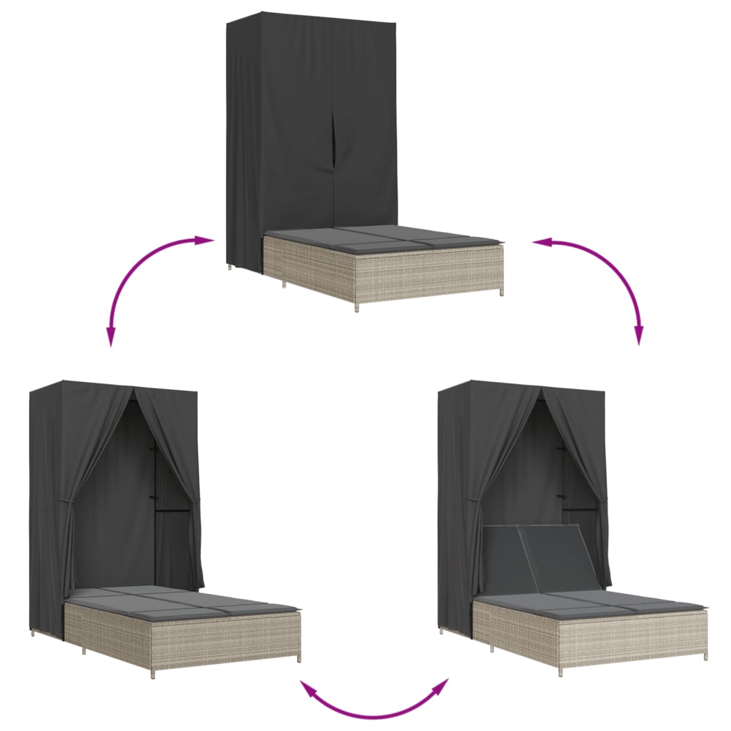 Dubbel solsäng med tak och dynor ljusgrå konstrotting