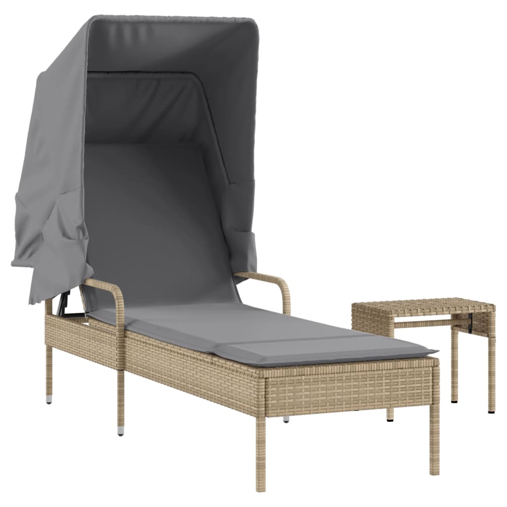 Solsäng med tak och bord beige konstrotting