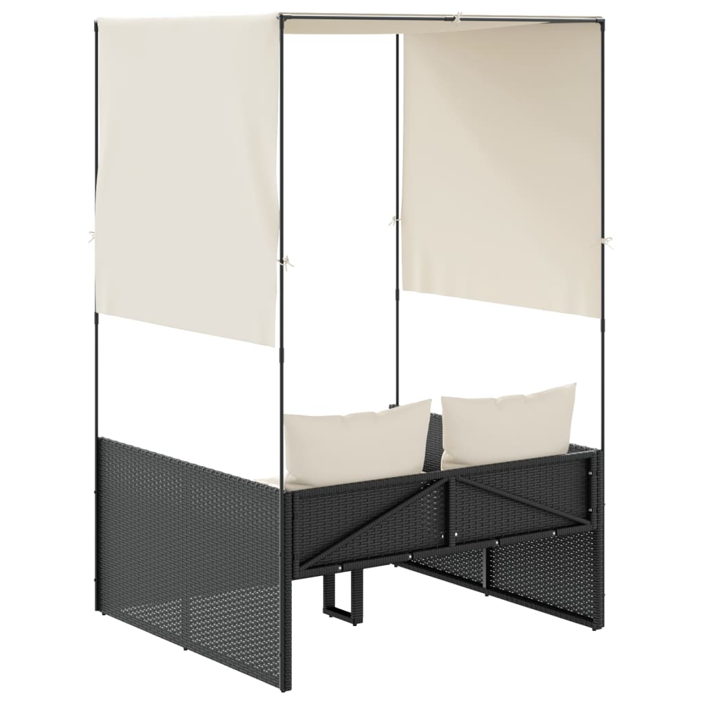 Dubbel solsäng med tak och dynor svart konstrotting