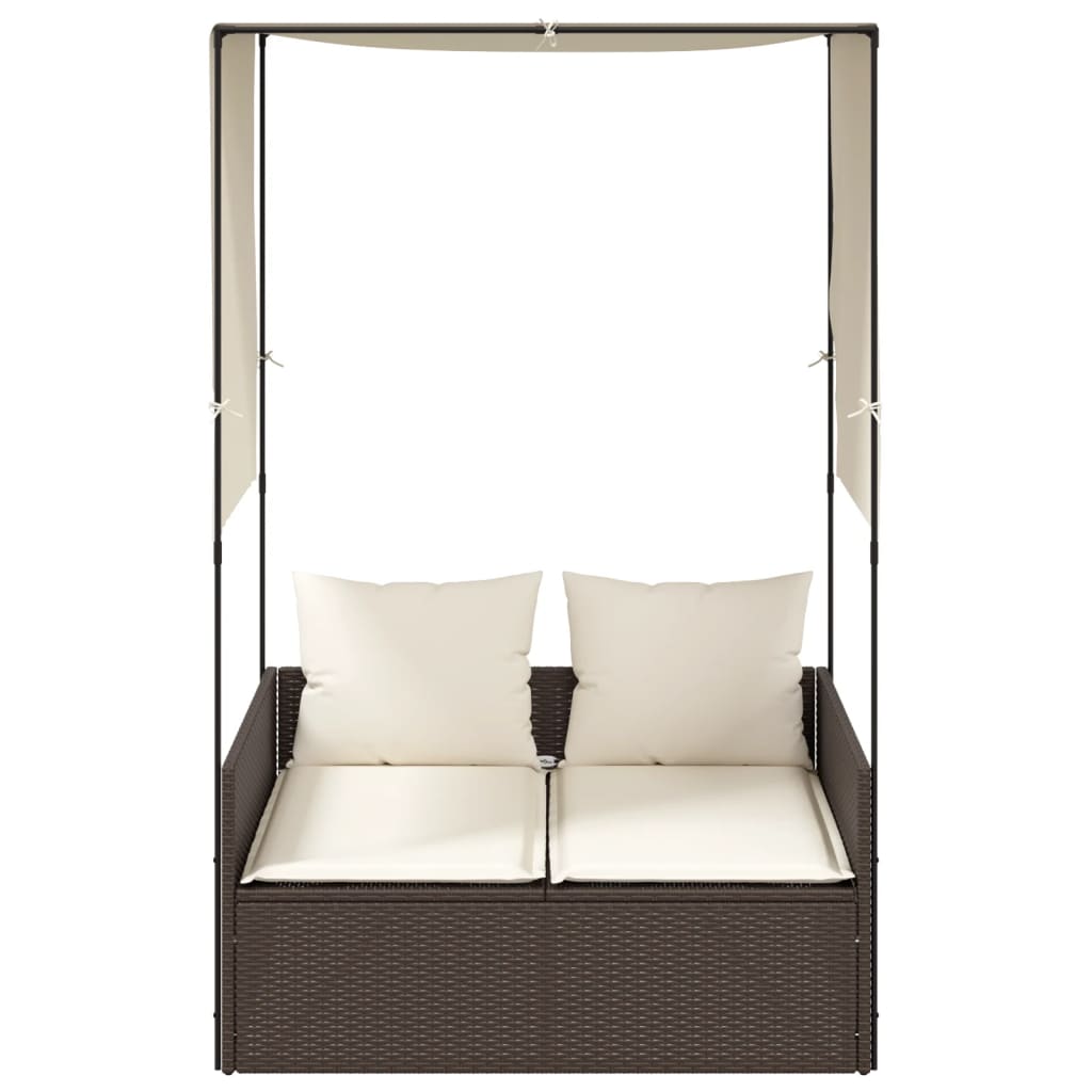 Dubbel solsäng med tak och dynor brun konstrotting