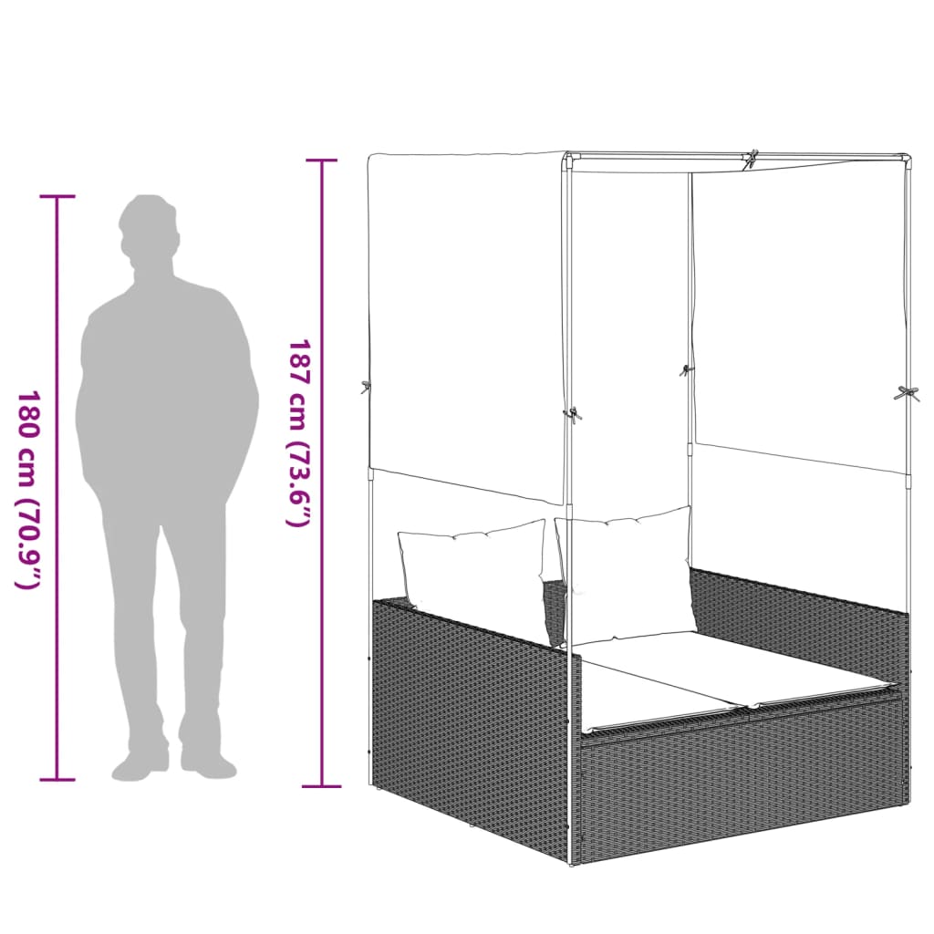 Dubbel solsäng med tak och dynor ljusgrå konstrotting