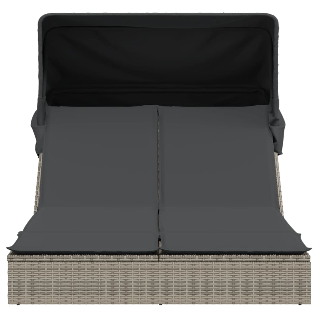 Dubbel solsäng med tak och dynor grå konstrotting