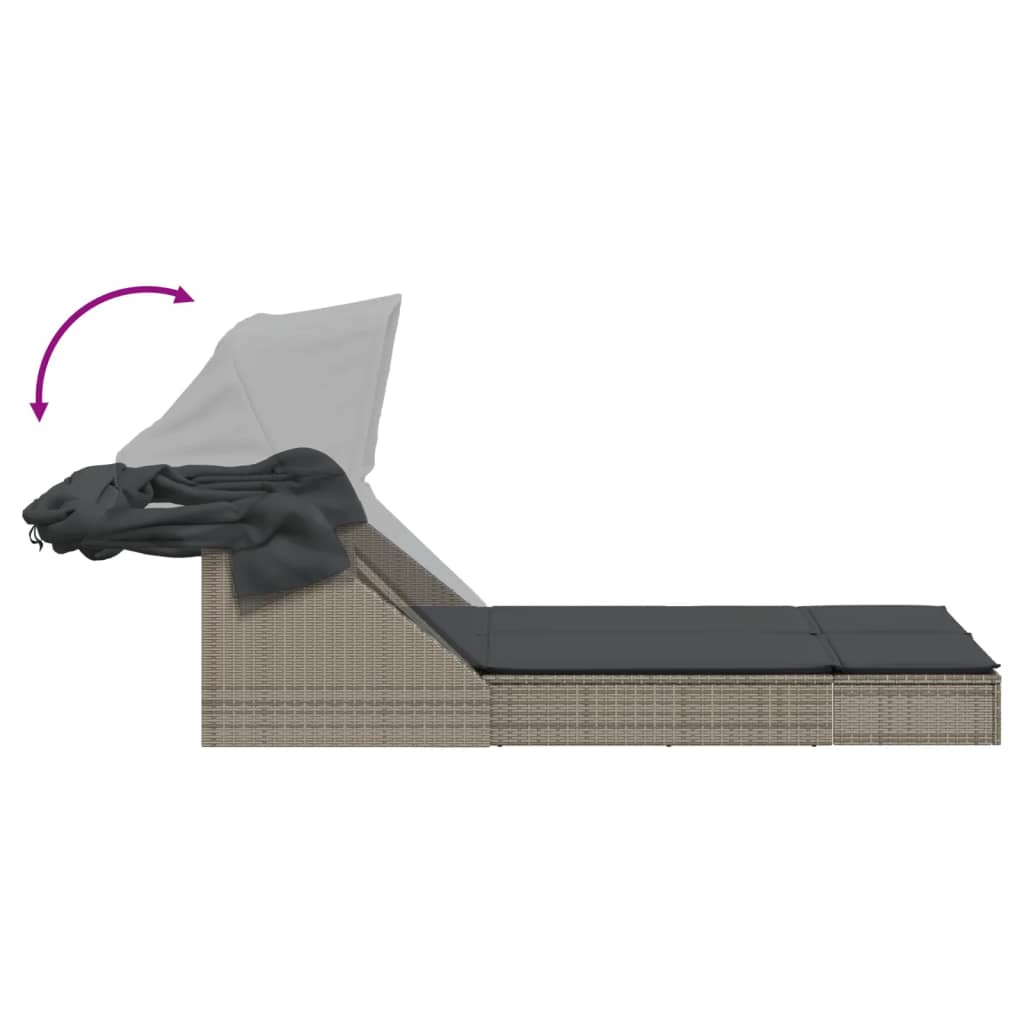 Dubbel solsäng med tak och dynor grå konstrotting