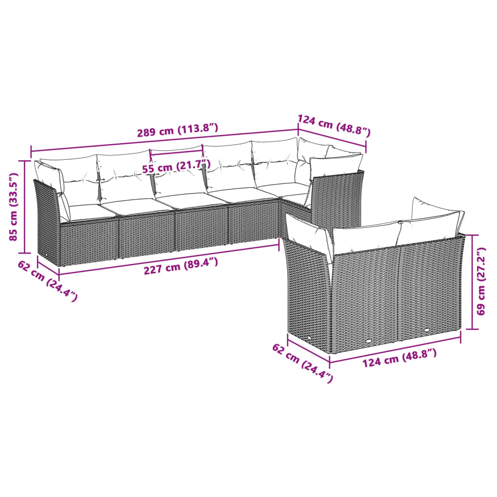 Loungegrupp för trädgården m dynor 8 delar ljusgrå konstrotting