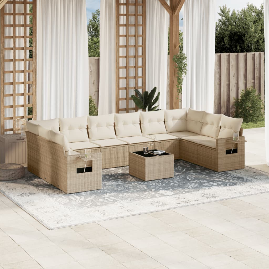 Loungegrupp för trädgården m. dynor 11 delar beige konstrotting