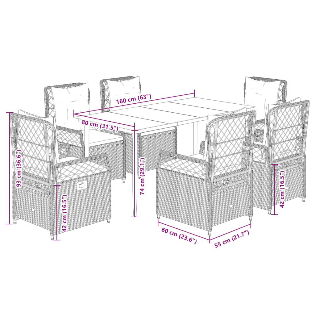 Matgrupp för trädgården med dynor 7 delar ljusgrå konstrotting