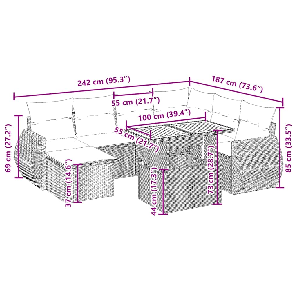 Matgrupp för trädgården med dynor 8 delar beige konstrotting