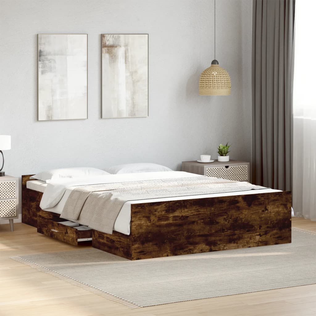 Sängram med lådor rökfärgad ek 135x190 cm konstruerad trä