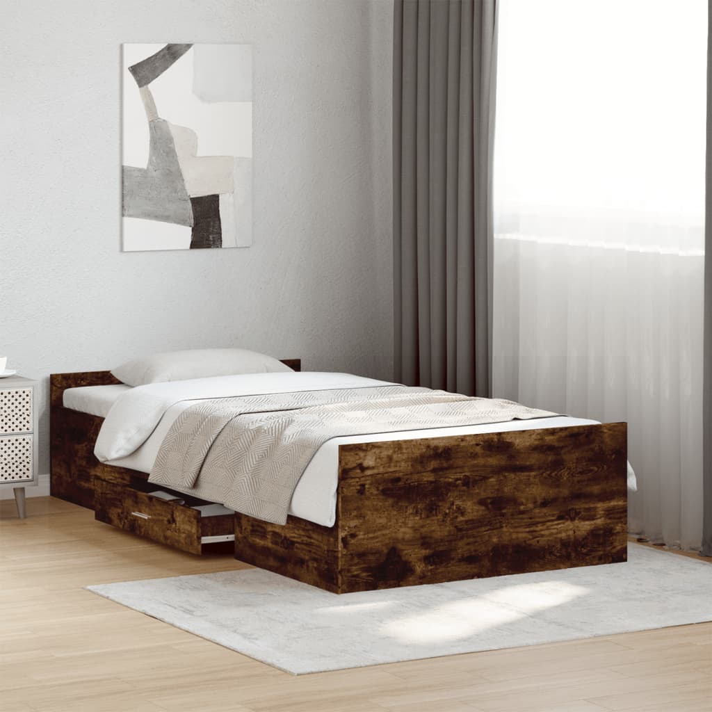 Sängram med lådor rökfärgad ek 100x200 cm konstruerad trä