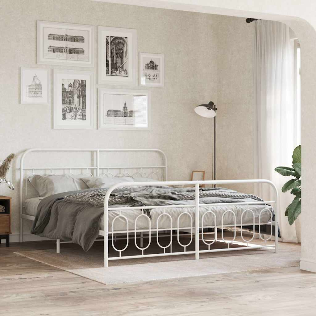Sängram med huvudgavel och fotgavel vit metall 183x213 cm