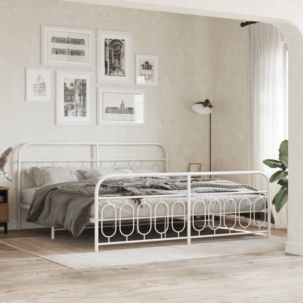 Sängram med huvudgavel och fotgavel vit metall 200x200 cm