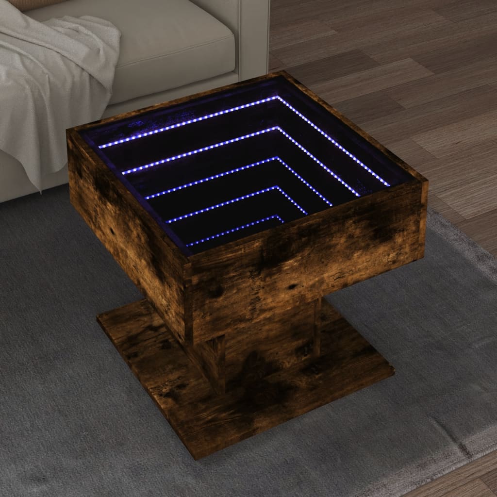 Soffbord med LEDs rökfärgad ek 50x50x45 cm konstruerat trä