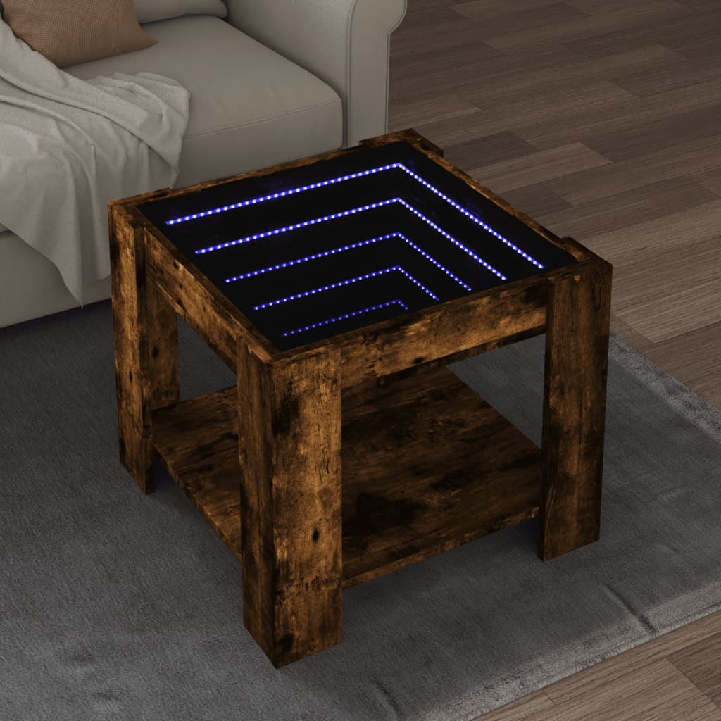 Soffbord med LEDs rökfärgad ek 53x53x45 cm konstruerat trä