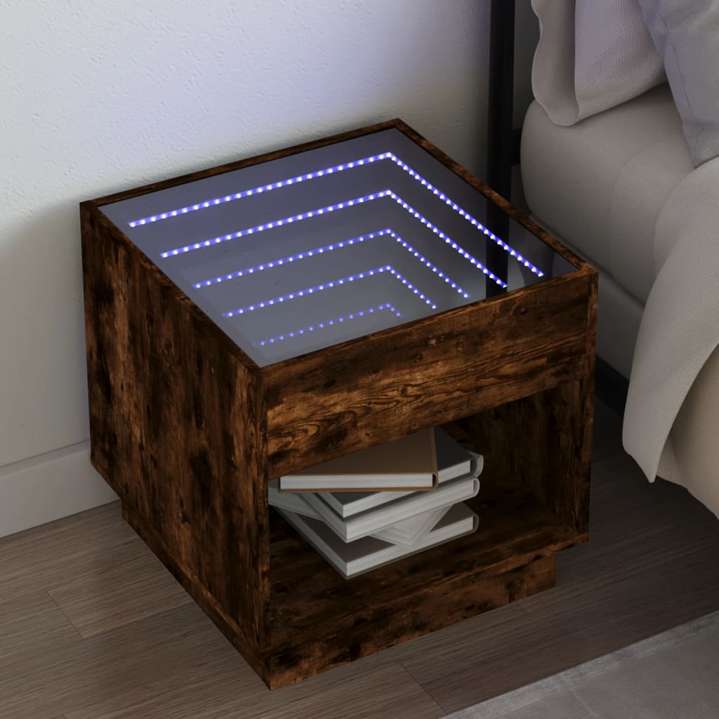 Sängbord med Infinity LEDs rökfärgad ek 50x50x50 cm