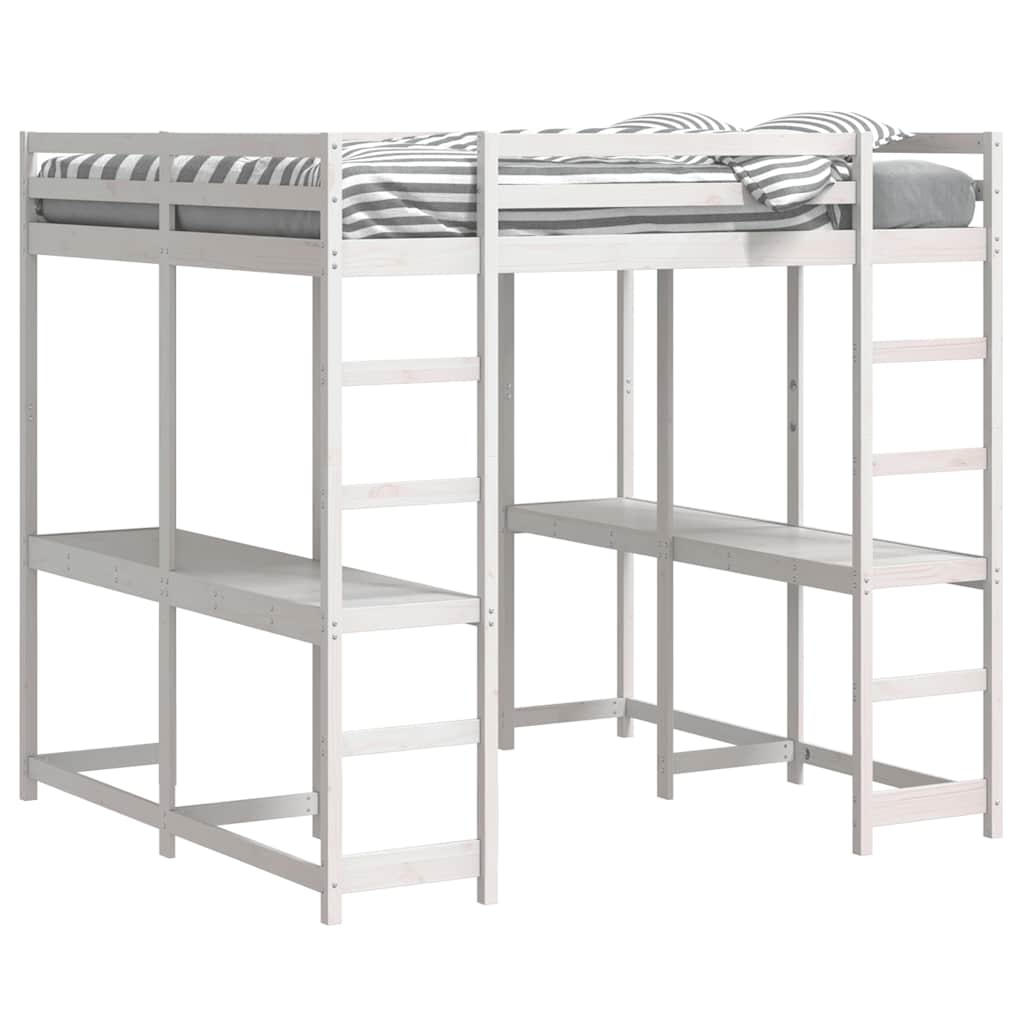 Våningssäng med skrivbord & stege vit 160x200 cm massiv furu