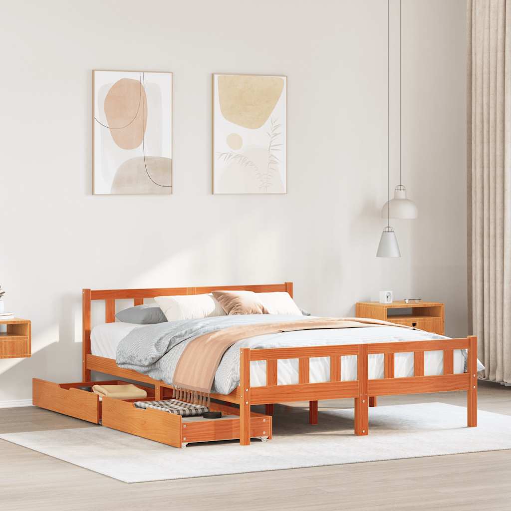 Sängram utan madrass vaxbrun 150x200 cm massiv furu