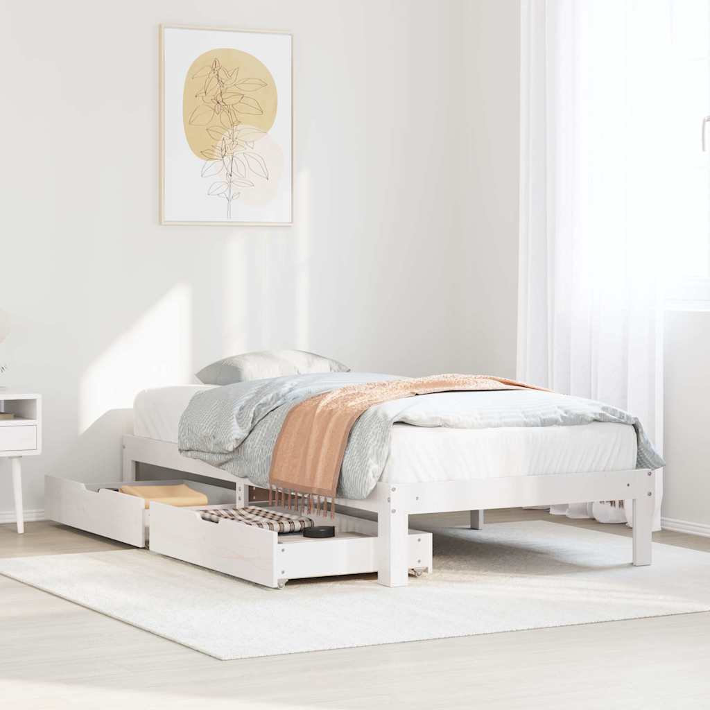 Sängram med lådor vit 100x200 cm massiv furu