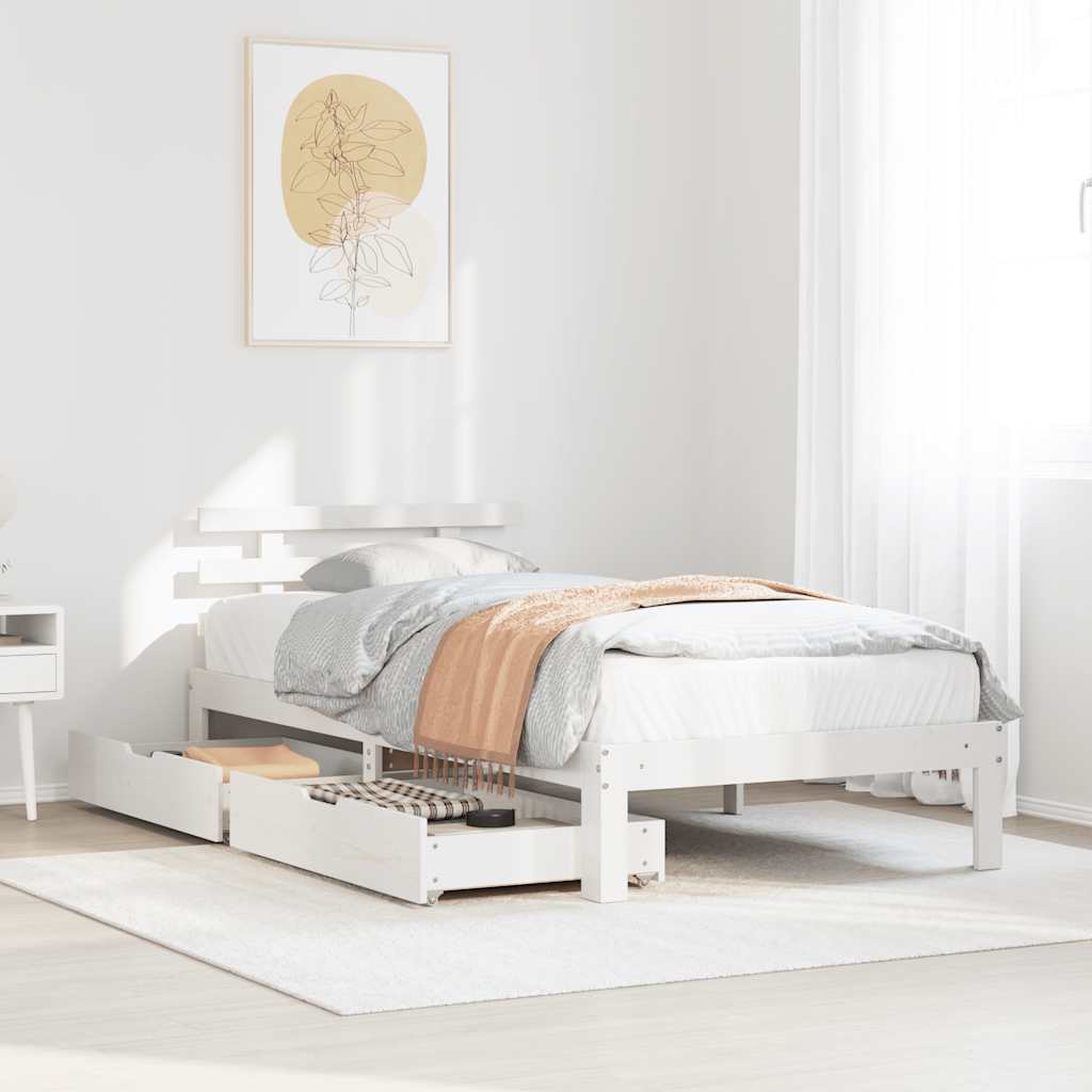 Sängram med lådor vit 100x200 cm massiv furu