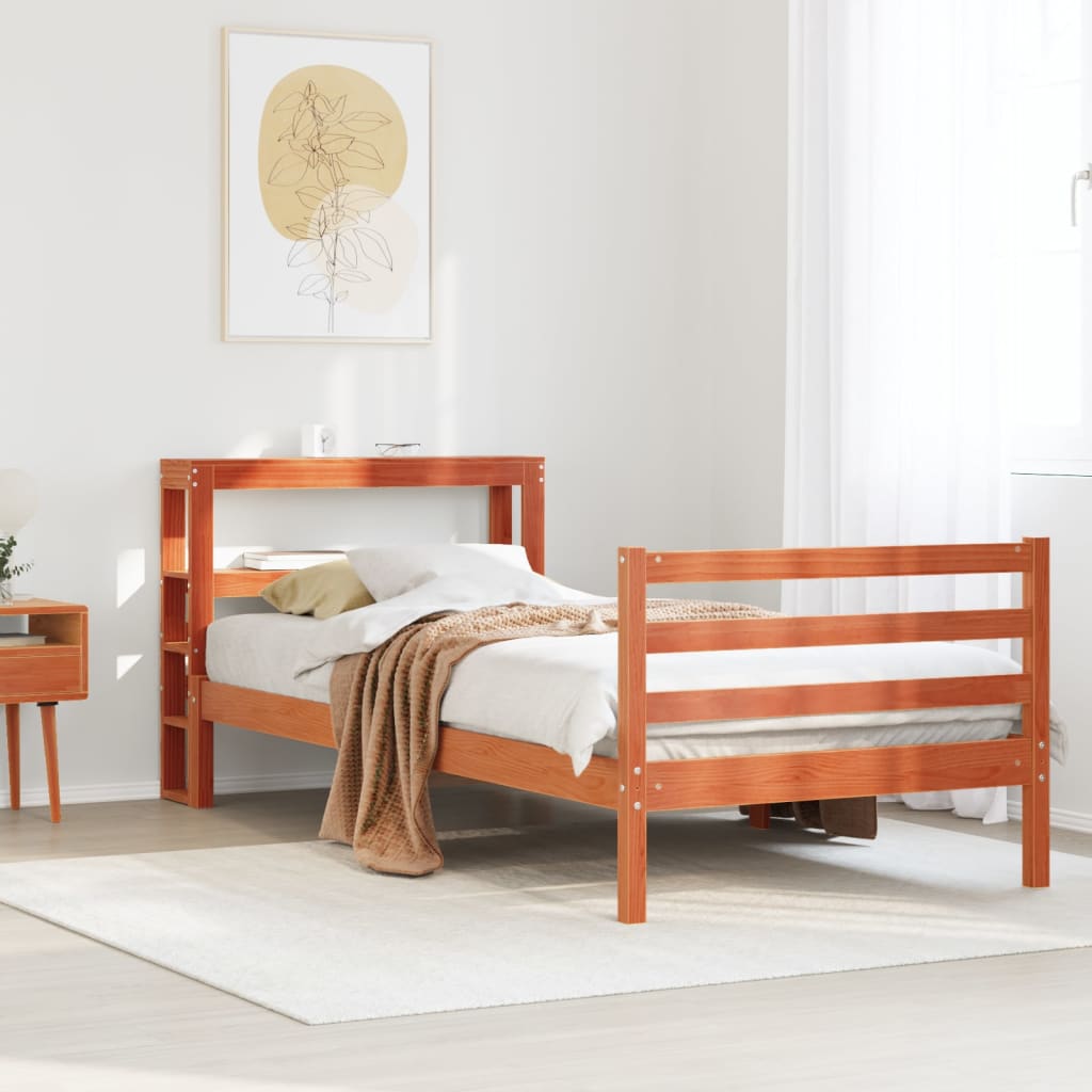 Sängram utan madrass vaxbrun 75x190 cm massiv furu